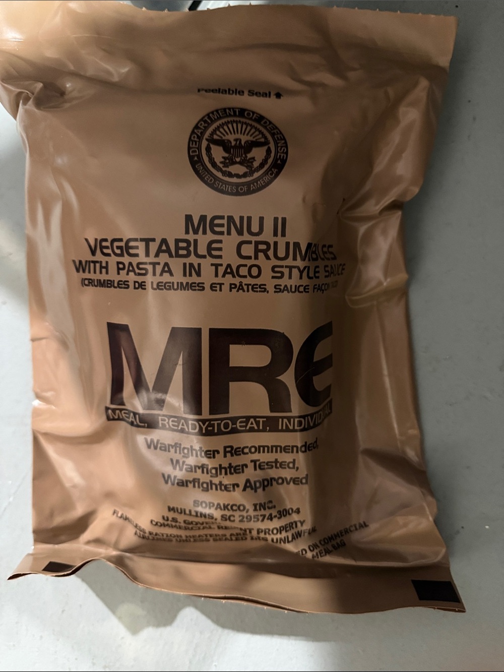 Vegetable Crumble pasta taco sauce #11 MRE Meal Package ready to eat